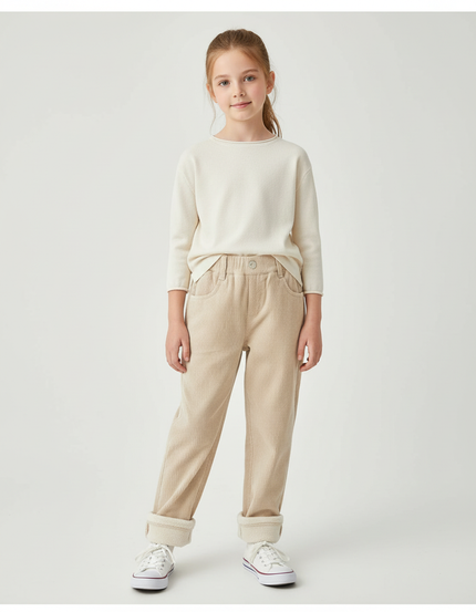 Pantalon Chino Écru Côtelé Doublé Chaud Enfant - Beige Velours