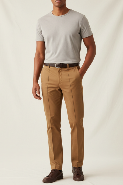 Pantalon Chino Homme Marron Coupe Droite Élégant Coton - Camel Gabardine