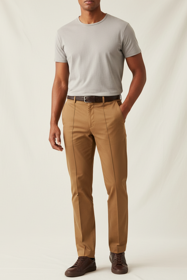Pantalon Chino Homme Marron Coupe Droite Élégant Coton - Camel Gabardine
