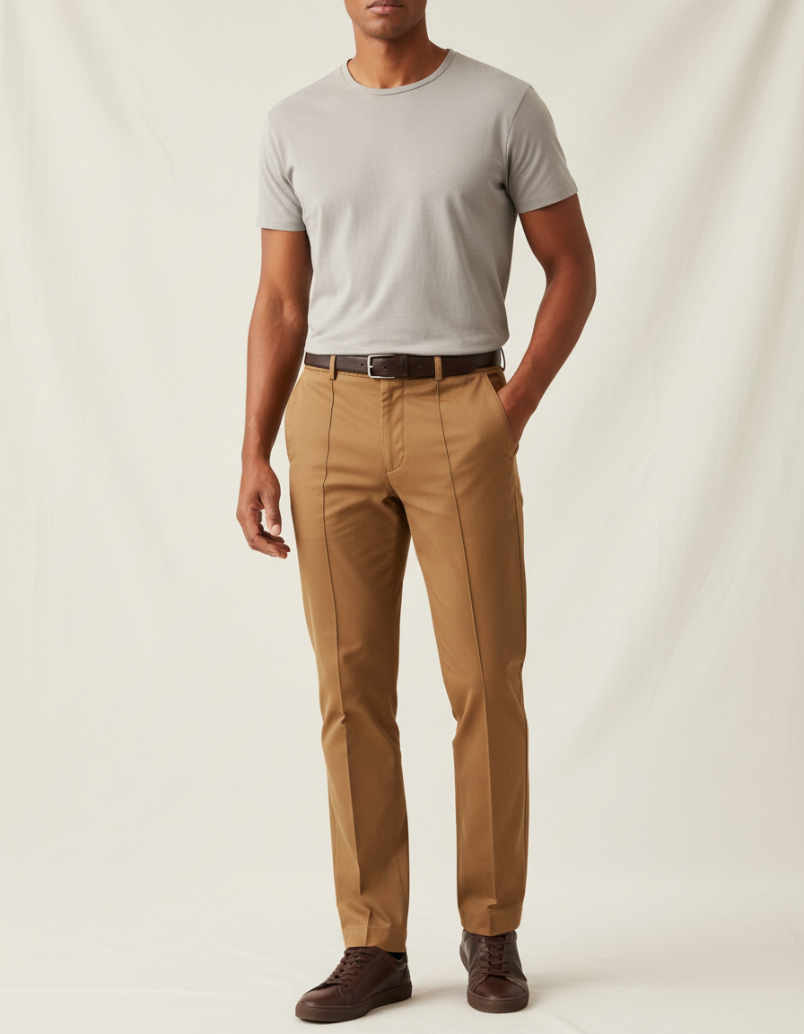 Pantalon Chino Homme Marron Coupe Droite Élégant Coton - Camel Gabardine