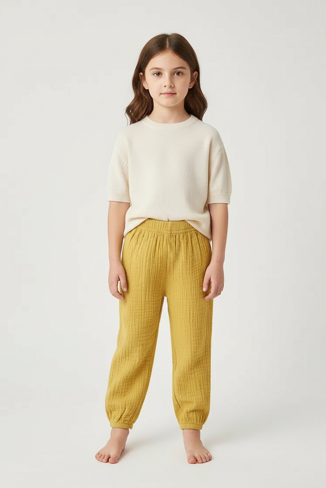 Pantalon Chino Jaune Ample Texturé Enfant Décontracté - Coton