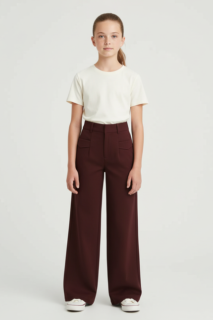 Pantalon Chino Bordeaux Ample Taille Haute Fille - Gabardine