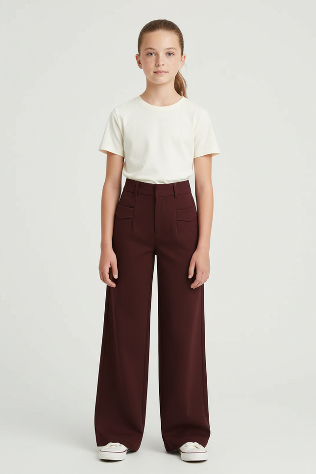 Pantalon Chino Bordeaux Ample Taille Haute Fille - Gabardine