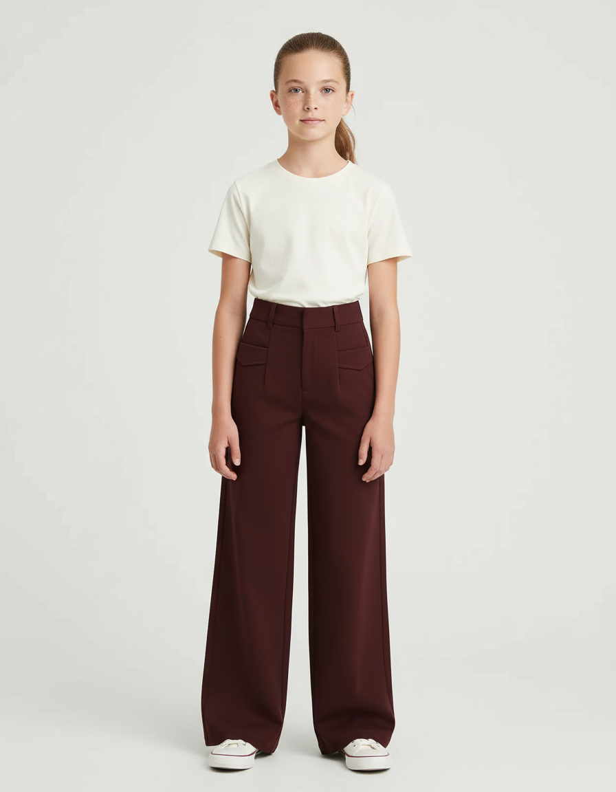 Pantalon Chino Bordeaux Ample Taille Haute Fille - Gabardine