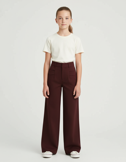 Pantalon Chino Bordeaux Ample Taille Haute Fille - Gabardine