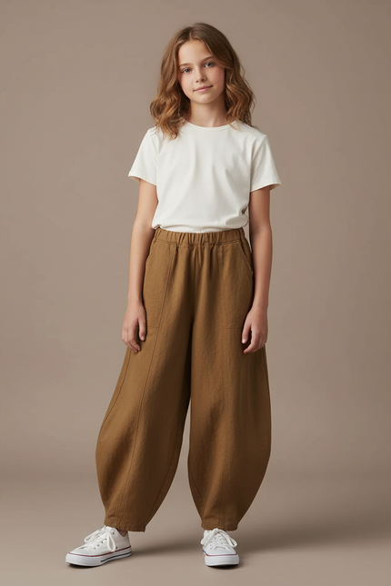 Pantalon Chino Marron Ample Coton Lin Enfant