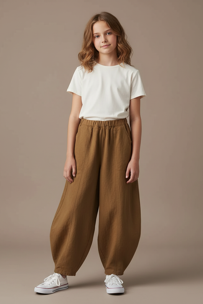 Pantalon Chino Marron Ample Coton Lin Enfant