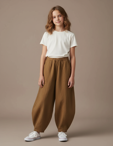 Pantalon Chino Marron Ample Coton Lin Enfant