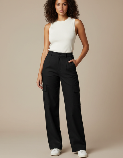 Pantalon Chino Cargo Ample - Noir Gabardine