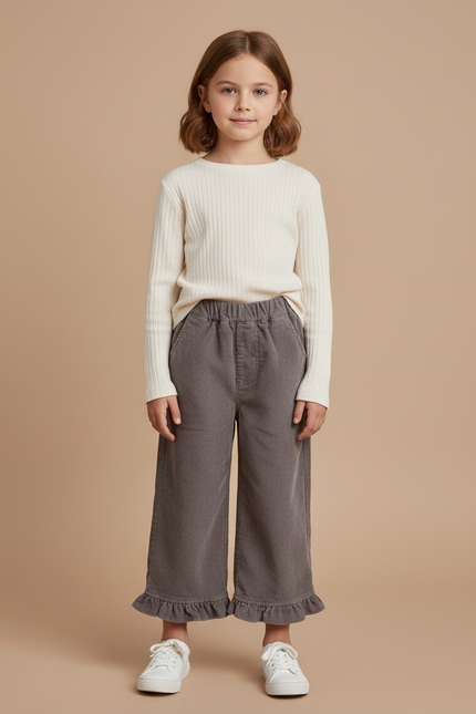 Pantalon Chino Gris Côtelé Ample Décontracté Enfant - Cordé