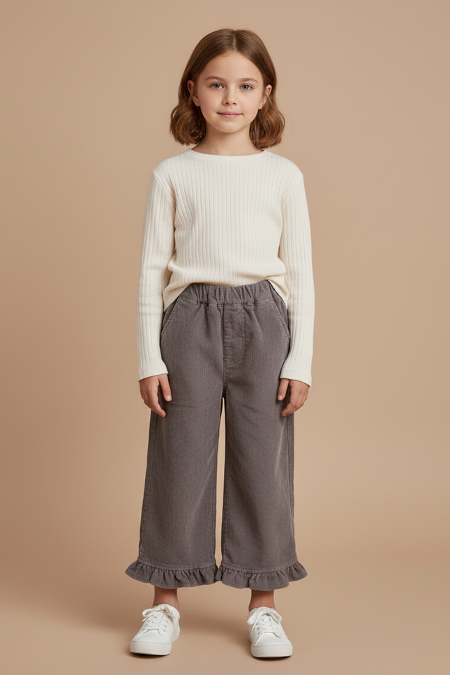 Pantalon Chino Gris Côtelé Ample Décontracté Enfant - Cordé