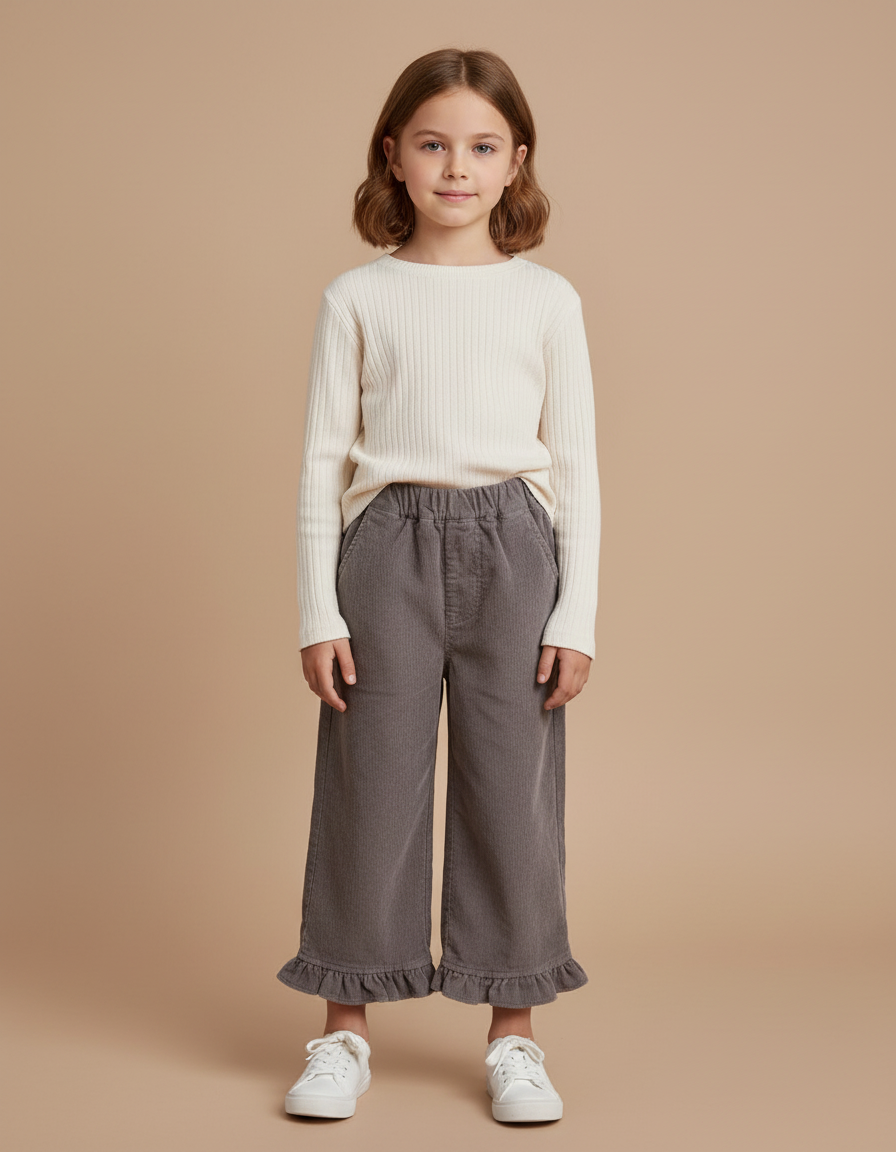 Pantalon Chino Gris Côtelé Ample Décontracté Enfant - Cordé