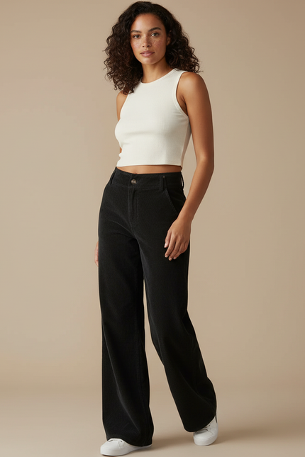 Pantalon Chino Noir Côtelé Ample Femme Décontracté - Cordé