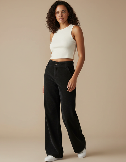 Pantalon Chino Noir Côtelé Ample Femme Décontracté - Cordé