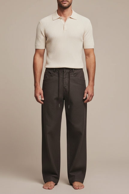 Pantalon Chino Marron Ample Coton Cordon Décontracté Homme