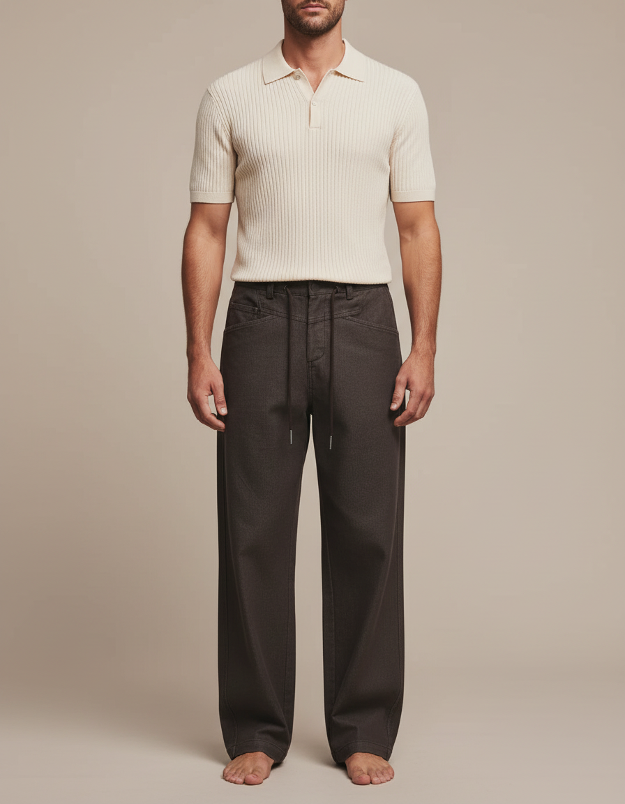 Pantalon Chino Marron Ample Coton Cordon Décontracté Homme