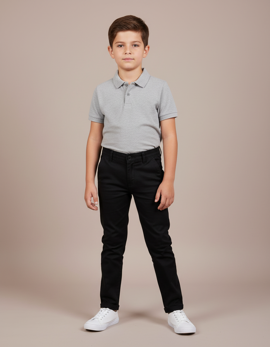 Pantalon Chino Noir Coton Garçon Ajusté Élégant