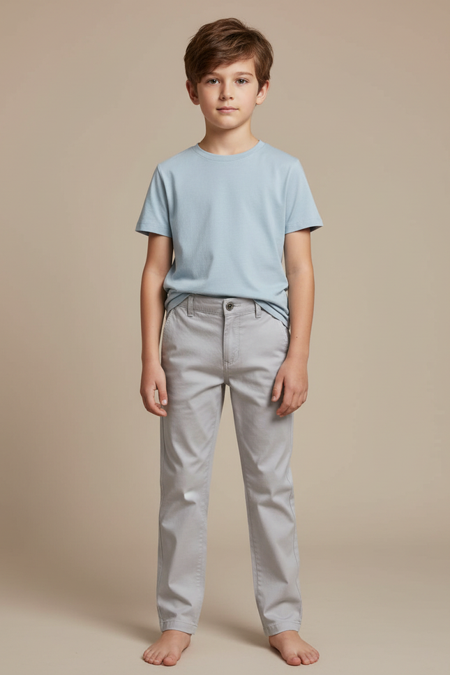 Pantalon Chino Gris Coton Droit Garçon Simple - Gabardine