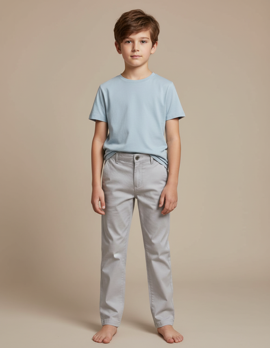 Pantalon Chino Gris Coton Droit Garçon Simple - Gabardine