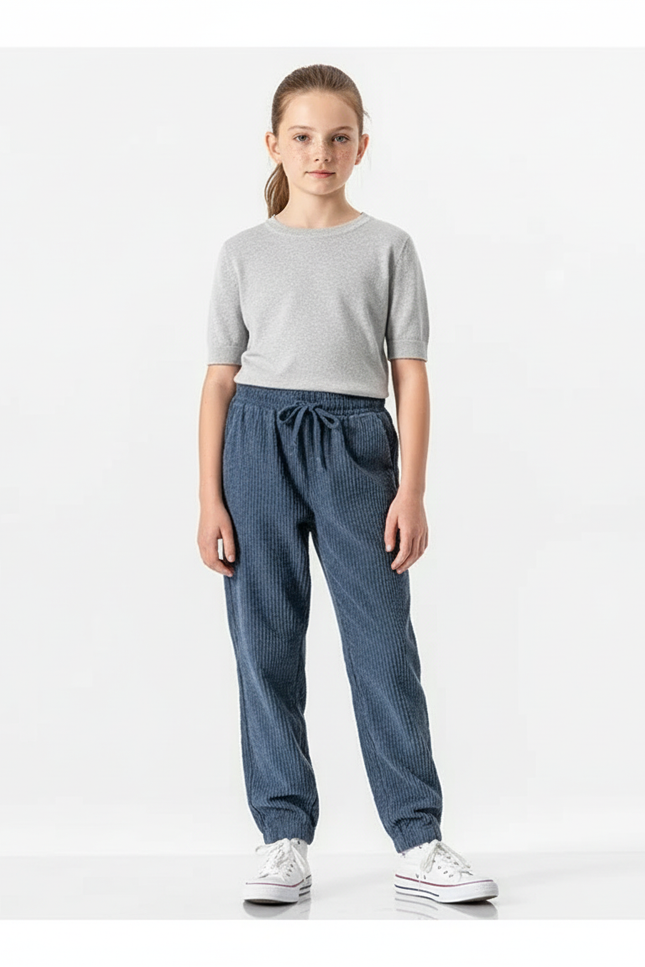 Pantalon Chino Velours Côtelé Bleu Décontracté Fille Cordon - Cordé