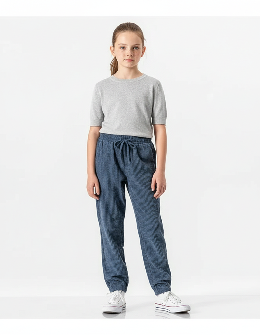 Pantalon Chino Velours Côtelé Bleu Décontracté Fille Cordon - Cordé