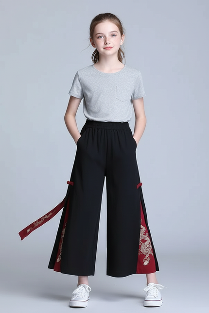 Pantalon Chino Noir Ample Dragon Fendu Femme - Polyester