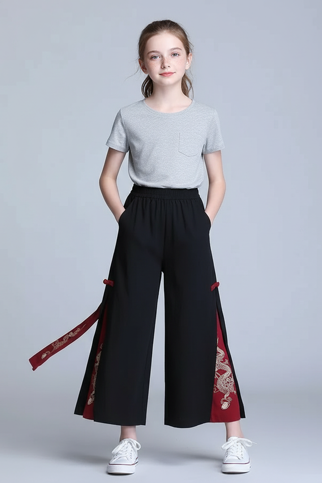 Pantalon Chino Noir Ample Dragon Fendu Femme - Polyester