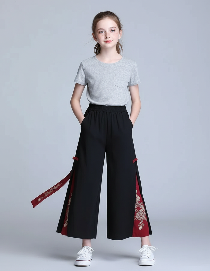 Pantalon Chino Noir Ample Dragon Fendu Femme - Polyester