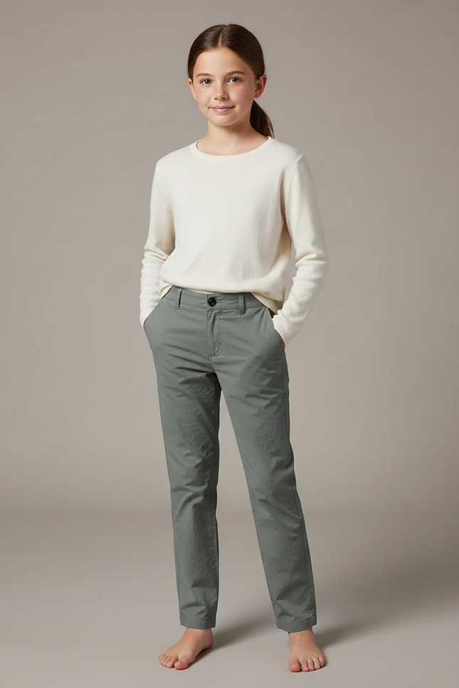 Pantalon Chino Vert Coton Droit Décontracté Enfant - Gabardine