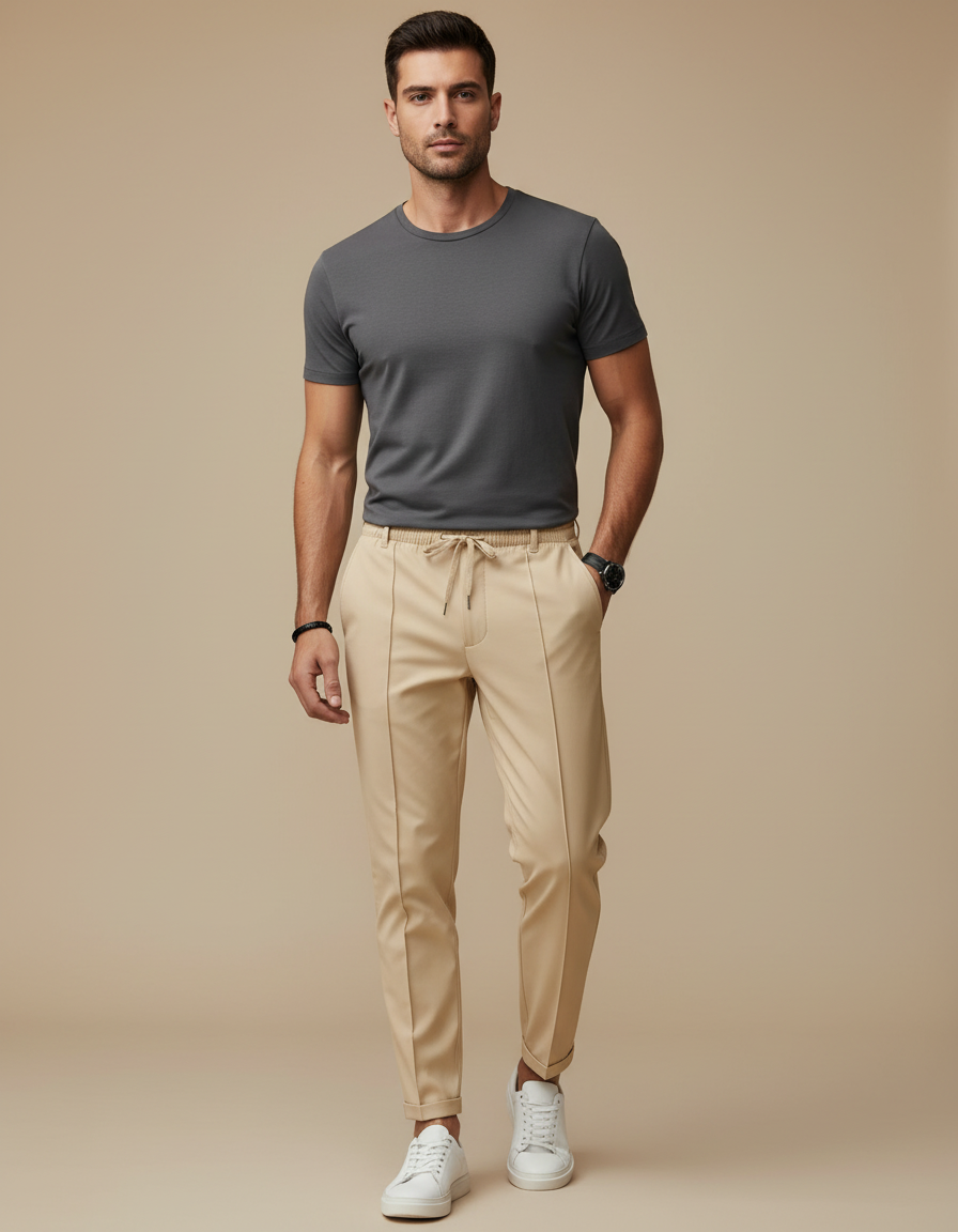 Pantalon Chino Beige Droit Décontracté Cordon - Gabardine