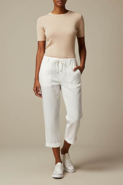 Pantalon Chino Blanc Lin Cordon Décontracté Femme
