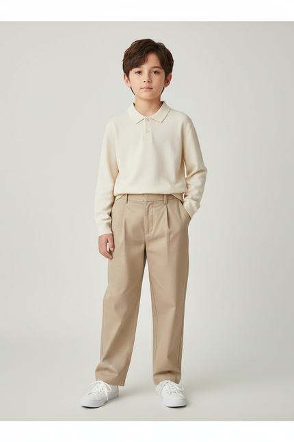 Pantalon Chino Beige Plissé Droit Décontracté Enfant - Gabardine