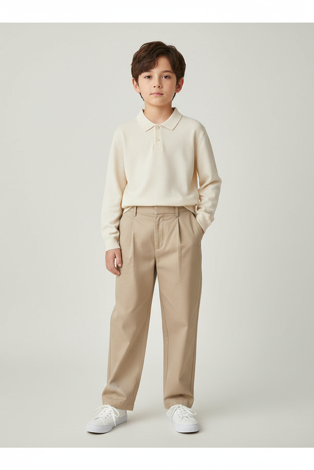 Pantalon Chino Beige Plissé Droit Décontracté Enfant - Gabardine