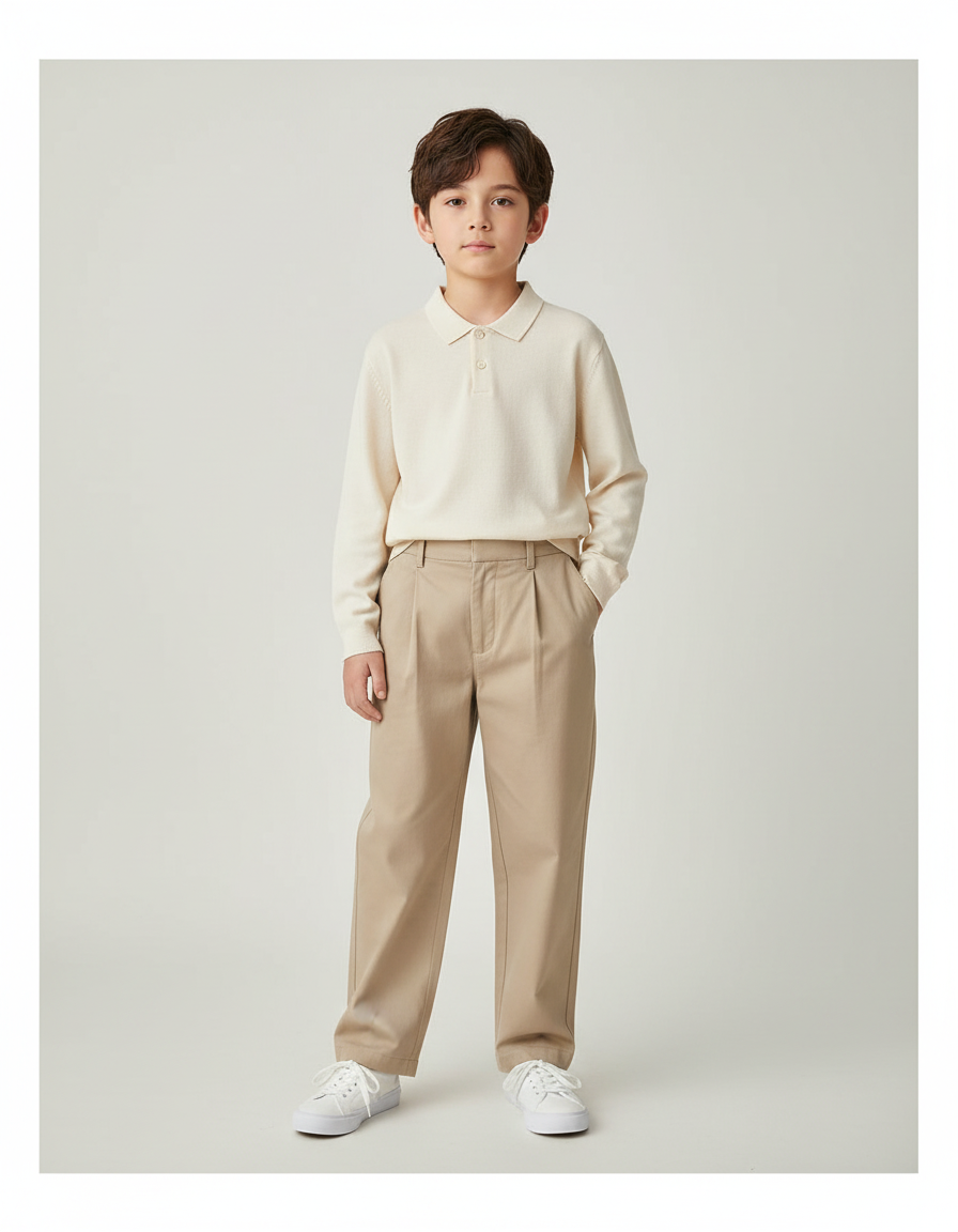Pantalon Chino Beige Plissé Droit Décontracté Enfant - Gabardine
