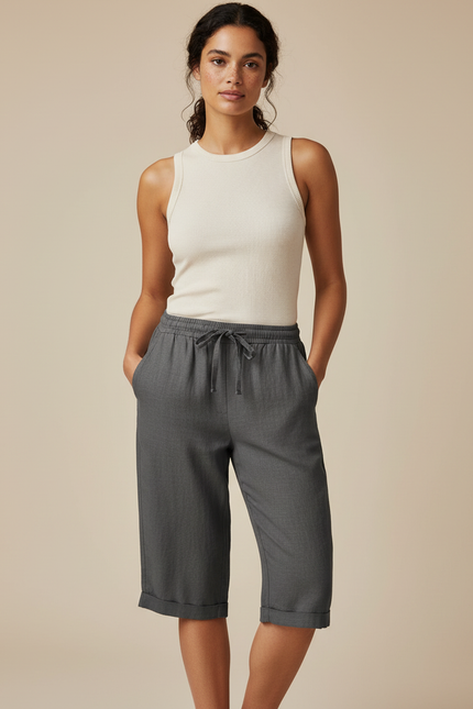 Pantalon Chino Gris Cordon Lin Ample Femme