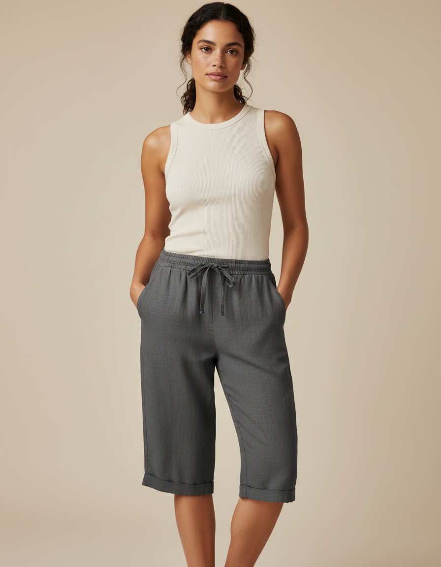 Pantalon Chino Gris Cordon Lin Ample Femme