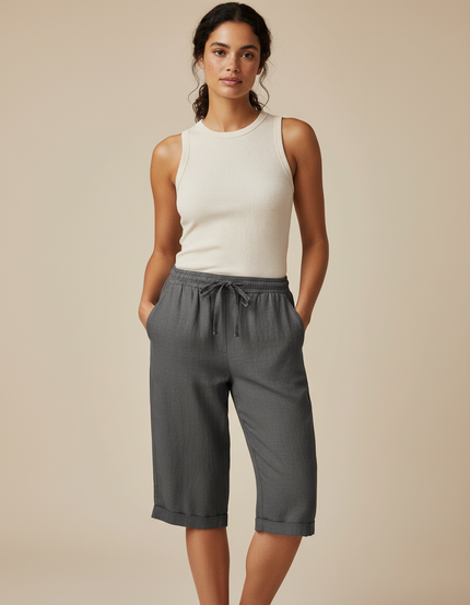 Pantalon Chino Gris Cordon Lin Ample Femme