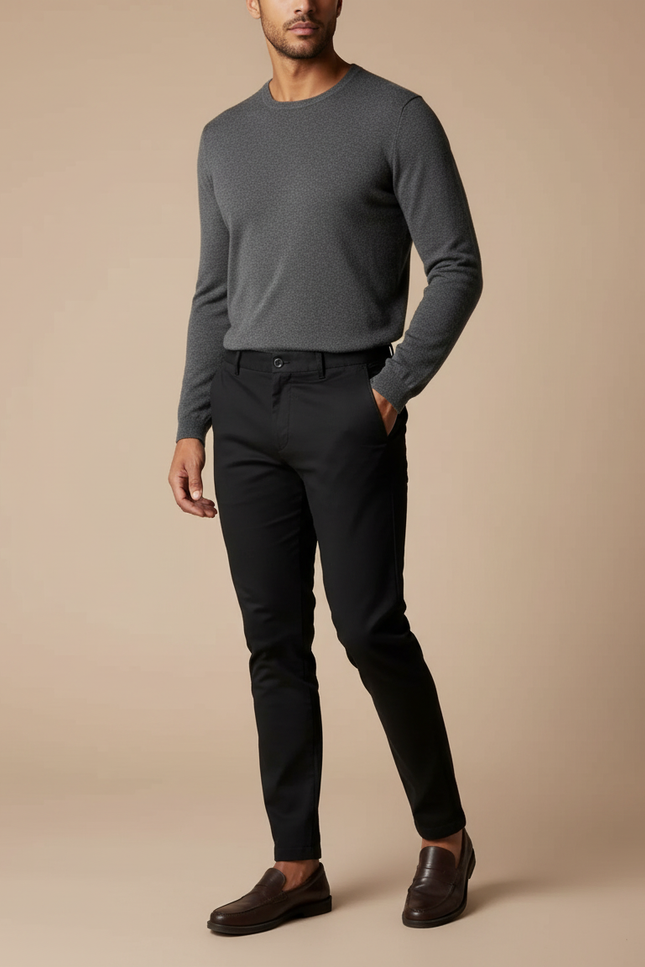 Pantalon Chino Noir Slim Uni Élastique Homme - Coton