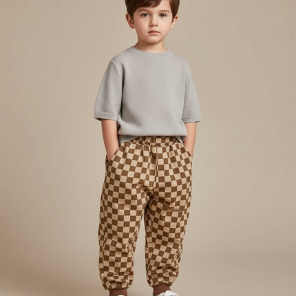 Pantalon Chino Carreaux Marron Ample Enfant Coton - Molleton
