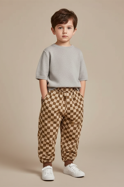 Pantalon Chino Carreaux Marron Ample Enfant Coton - Molleton