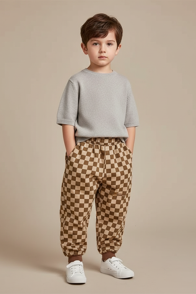 Pantalon Chino Carreaux Marron Ample Enfant Coton - Molleton