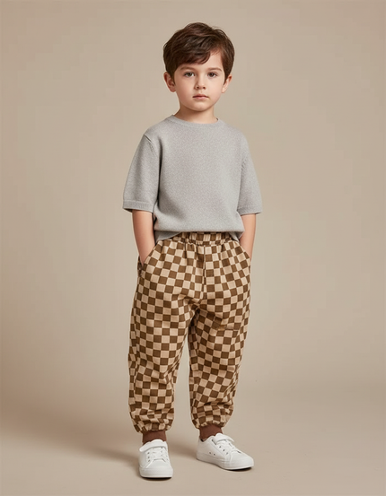 Pantalon Chino Carreaux Marron Ample Enfant Coton - Molleton