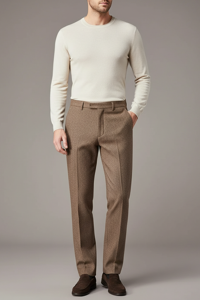 Pantalon Chino Marron Texturé Droit Élégant Homme - Tweed