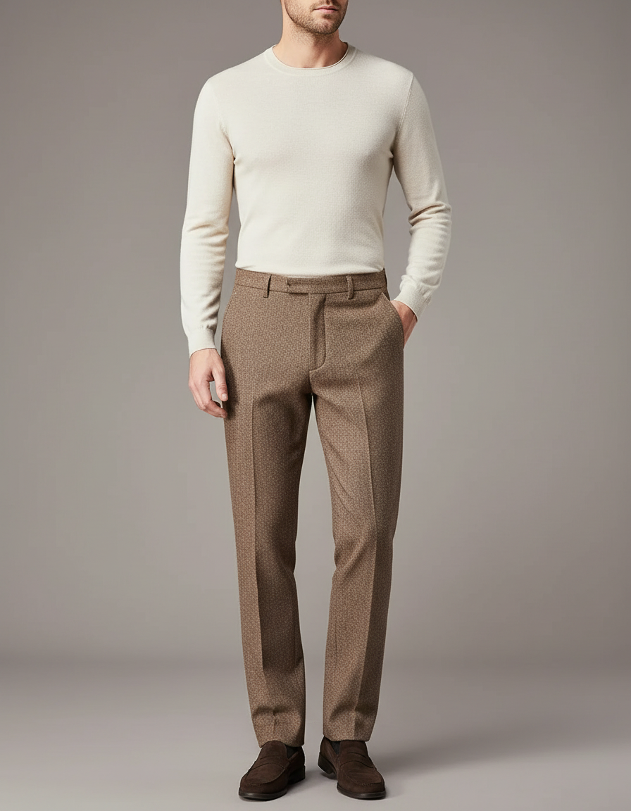 Pantalon Chino Marron Texturé Droit Élégant Homme - Tweed