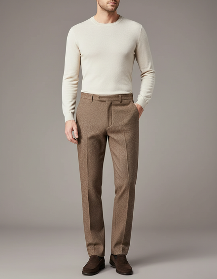 Pantalon Chino Marron Texturé Droit Élégant Homme - Tweed