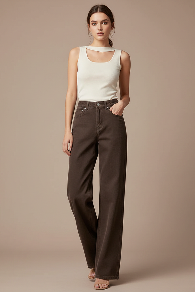 Pantalon Chino Femme Marron Large - Jean