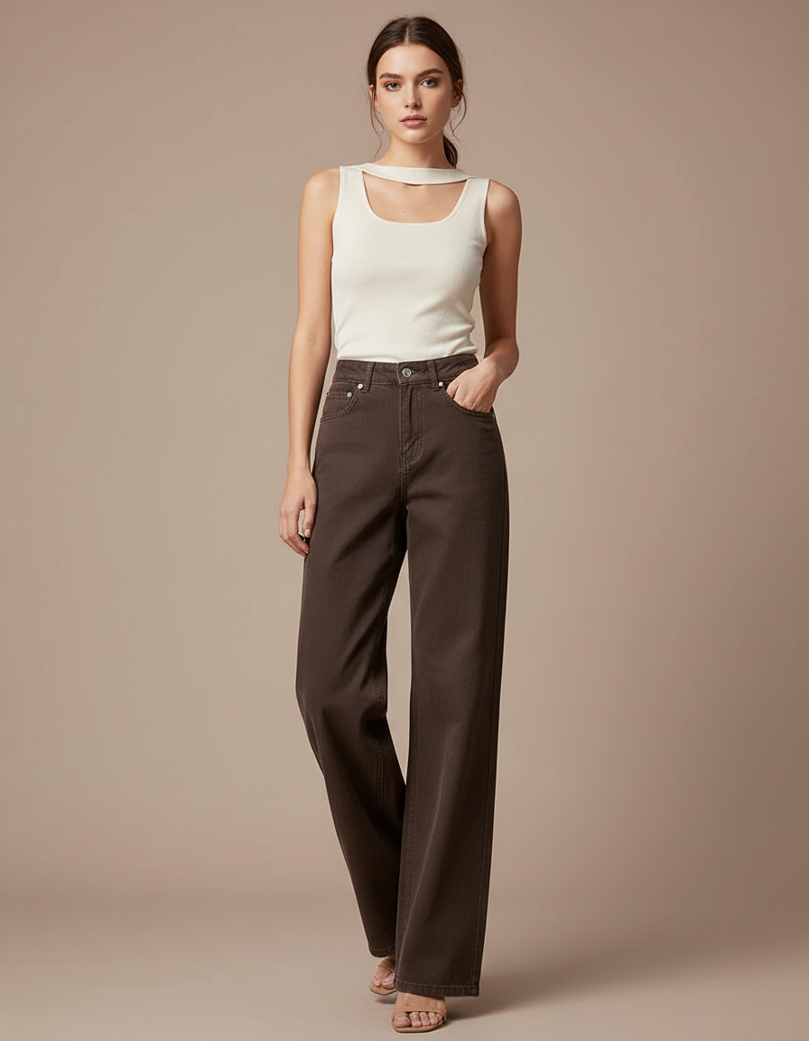 Pantalon Chino Femme Marron Large - Jean