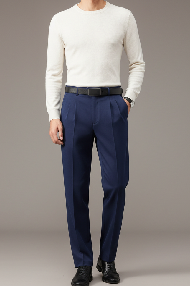 Pantalon Chino Bleu Marine Plissé Droit Homme Élégant - Gabardine