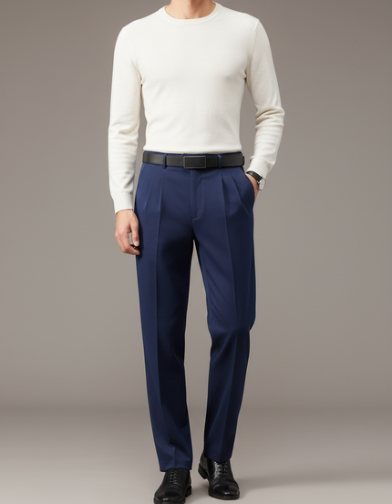 Pantalon Chino Bleu Marine Plissé Droit Homme Élégant - Gabardine