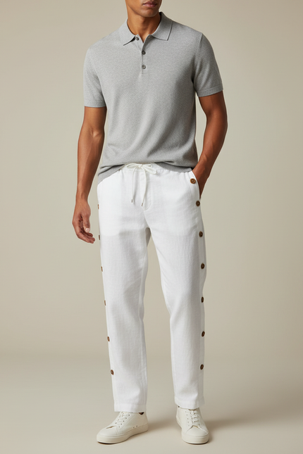 Pantalon Chino Blanc Lin Ample Boutons Décontracté Homme